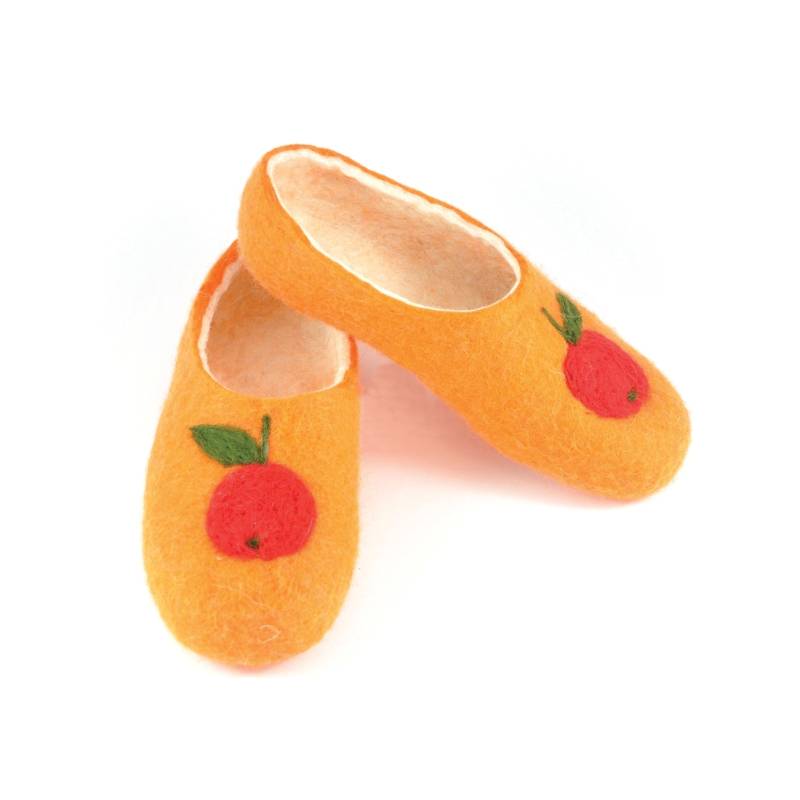 Фото Детские войлочные тапочки «Фрукты» оранжевые с яблоком. Размер 20 см