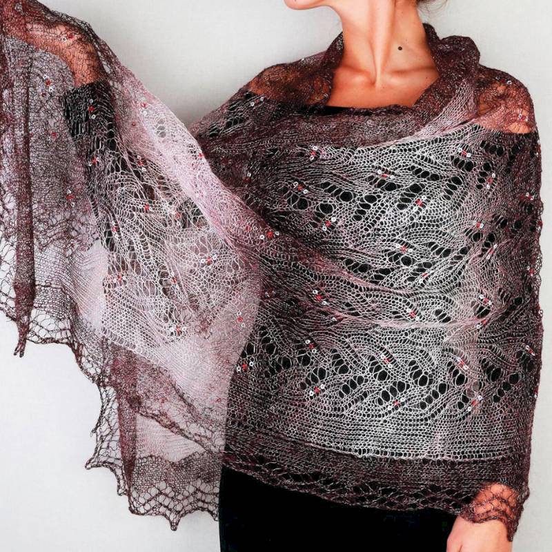 Фото Платок Пуховый платок ручной работы палантин ажурный, (темно-коричневый), 200x60 см