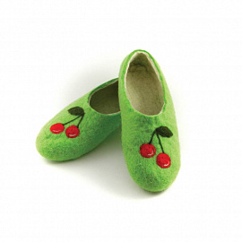 Детские войлочные тапочки «Ягоды» зеленые с вишенкой. Размер 18 см