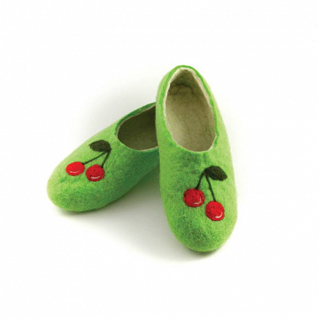 Фото Детские войлочные тапочки «Ягоды» зеленые с вишенкой. Размер 17 см